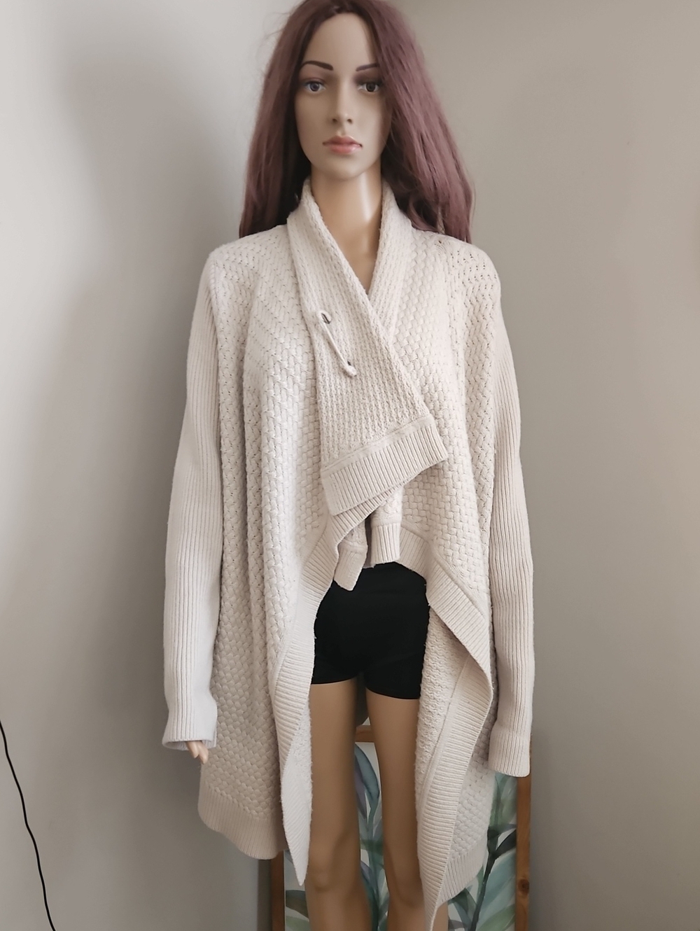 Margaret O'LEARY Beige Open Front Draped Chunky Knit Cardigan Sweater LONG LINE